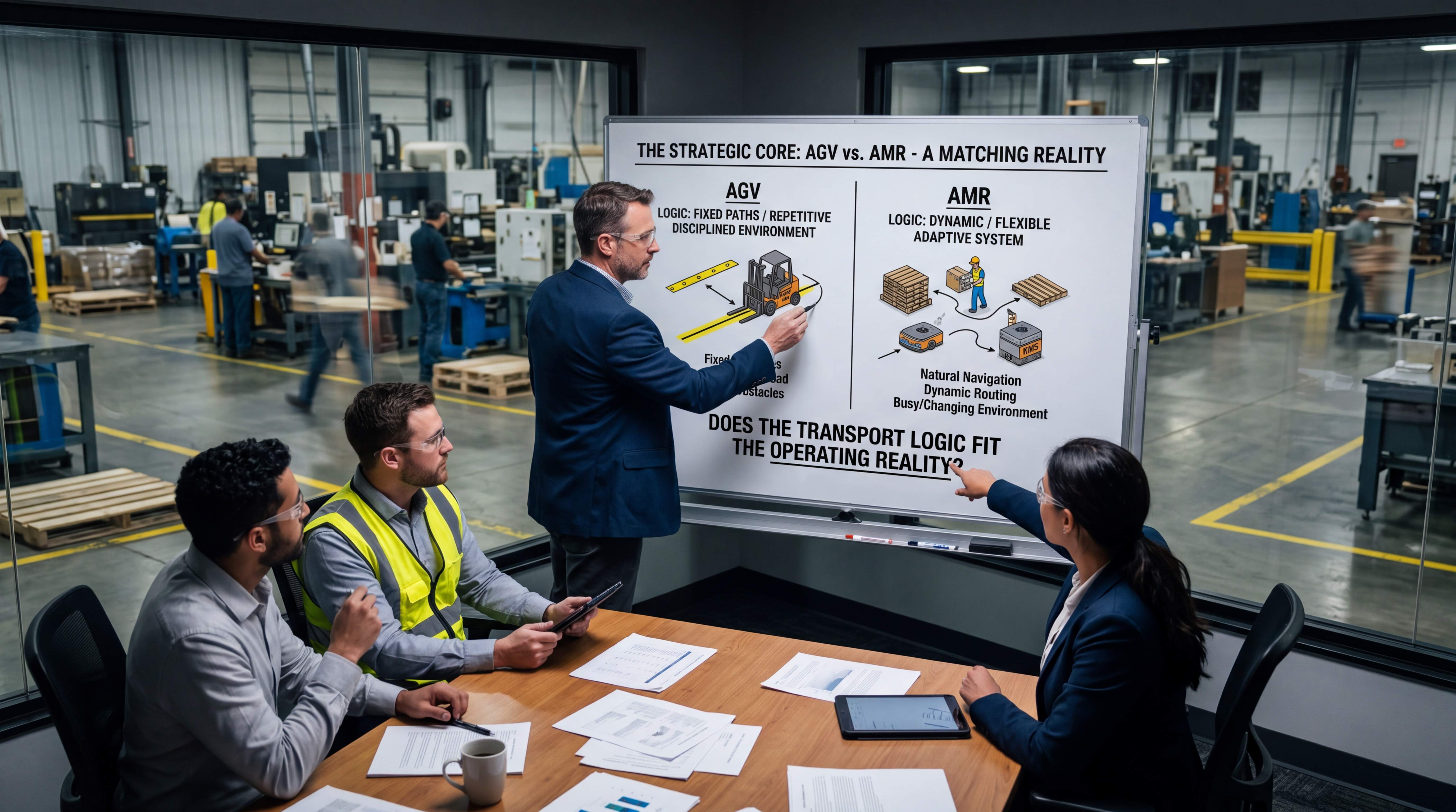 Team discussion comparing AGV mobile base and AMR mobile base for factory intralogistics strategy
